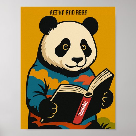 Panda met een boek - sta op en lees! poster (Voorkant)