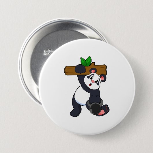 Panda met hout op sterktetraining ronde button 7,6 cm (Voorkant /achterkant)