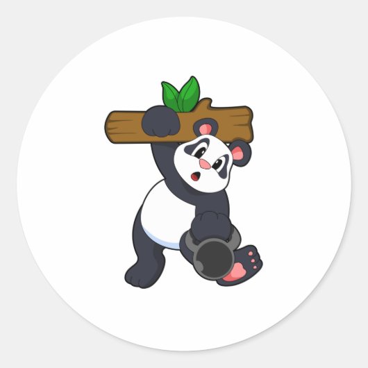 Panda met hout op sterktetraining ronde sticker (Voorkant)