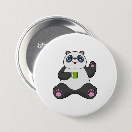 Panda met koffie-mok ronde button 7,6 cm (Voorkant /achterkant)