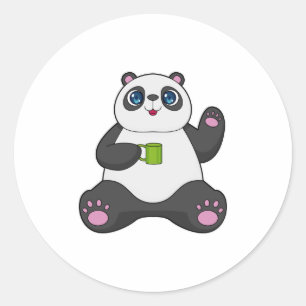 Panda met koffie-mok ronde sticker