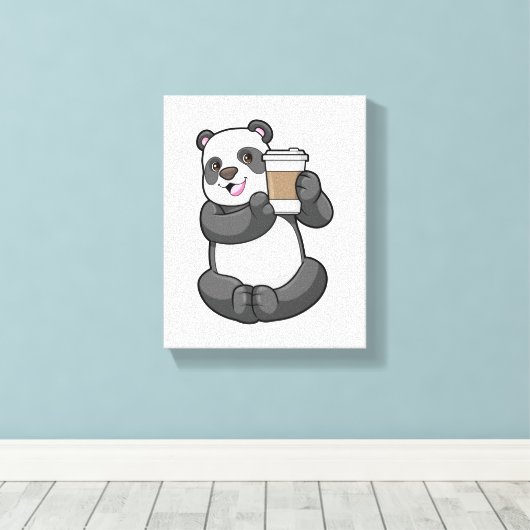 Panda met koffie om te gaan canvas afdruk (Insitu (Houten vloer))