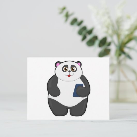 Panda met mobiele telefoon briefkaart (Staand voorkant)