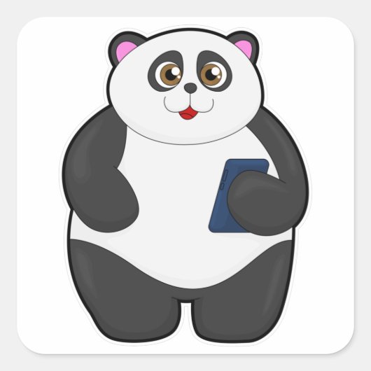 Panda met mobiele telefoon vierkante sticker (Voorkant)
