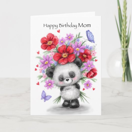 Panda met mooie bloemen, Happy Birthday MOM Kaart (Voorkant)