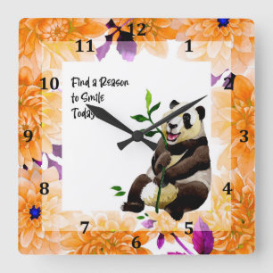 Panda met Oranje Bloem Frame Vierkante Klok