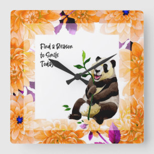 Panda met Oranje Bloem Frame Vierkante Klok
