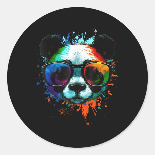 Panda met zonnebril met kleurrijke inktspetters ronde sticker (Voorkant)