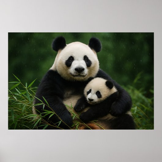 Panda Moeder & Welp in Zachte Regen Poster (Voorkant)