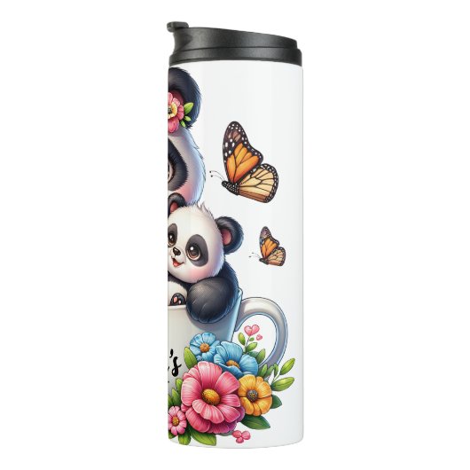 Panda Mom: welp, bloemen, Moederdag Thermosbeker (Geroteerd rechts)