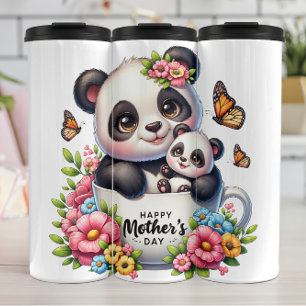 Panda Mom: welp, bloemen, Moederdag Thermosbeker