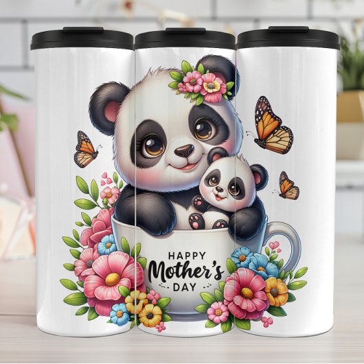 Panda Mom: welp, bloemen, Moederdag Thermosbeker