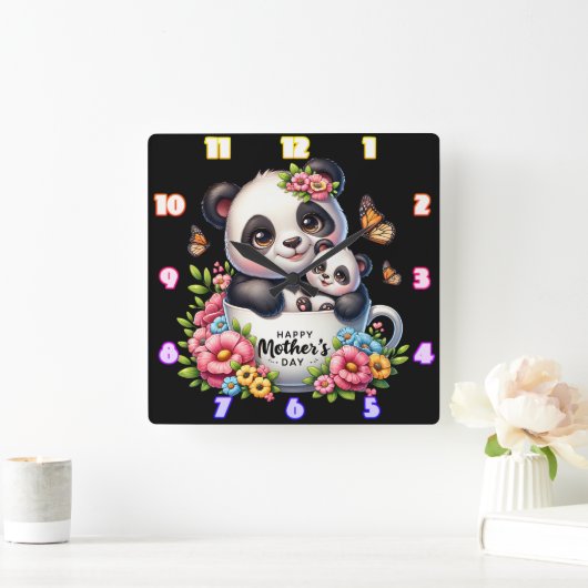 Panda Mom: welp, bloemen, Moederdag Vierkante Klok (Huis)
