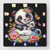 Panda Mom: welp, bloemen, Moederdag Vierkante Klok (Voorkant)