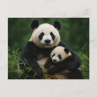 Panda Mother & Cub in Gentle Rain Briefkaart