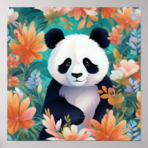 Panda omringd door bloemen poster