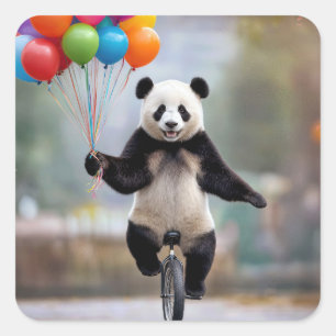 Panda op een eenwieler met ballonboeket vierkante sticker