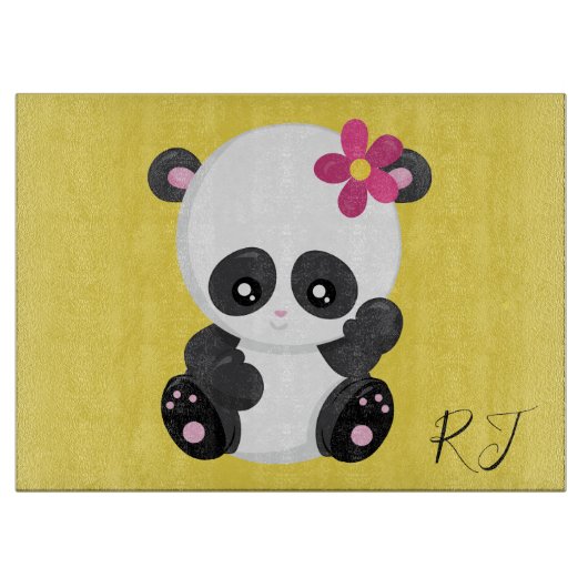 Panda op gele achtergrond Monogram Initiaal Snijplank (Voorkant)