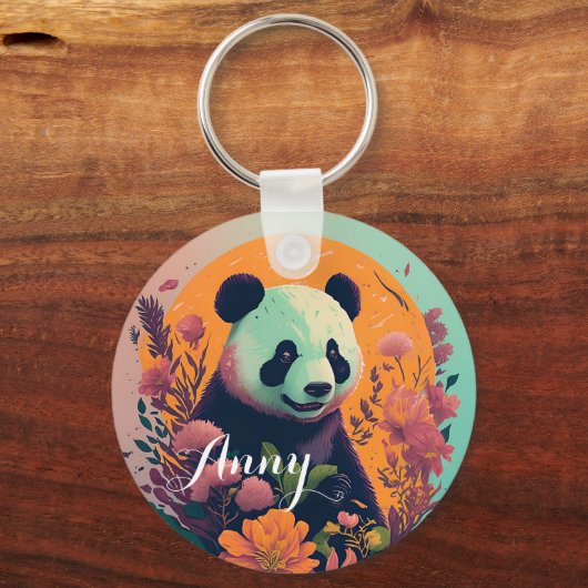 Panda op zonsondergang met bloemen, bloemen sleutelhanger (Voorkant)