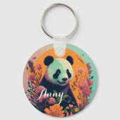 Panda op zonsondergang met bloemen, bloemen sleutelhanger (Achterkant)