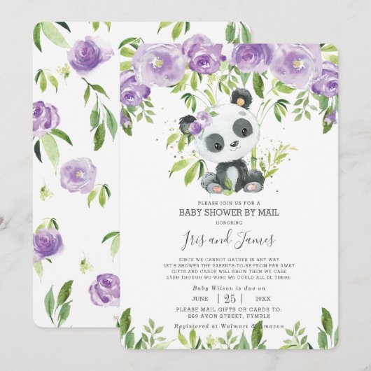 Panda Paars Floral Virtueel Baby shower per post Kaart (Voorkant / Achterkant)