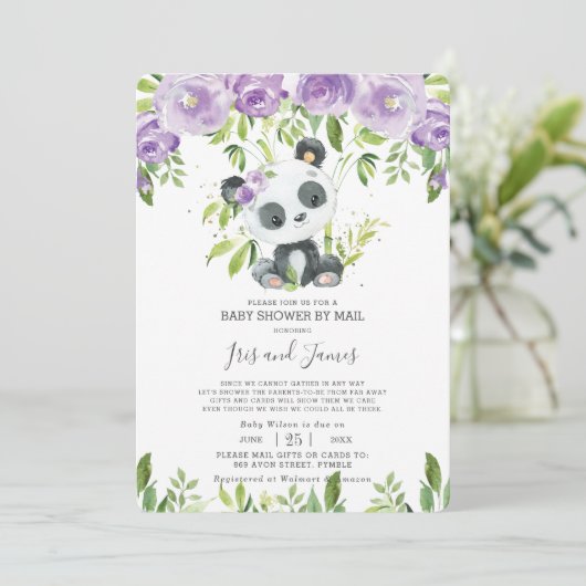 Panda Paars Floral Virtueel Baby shower per post Kaart (Staand voorkant)