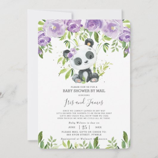 Panda Paars Floral Virtueel Baby shower per post Kaart (Voorkant)