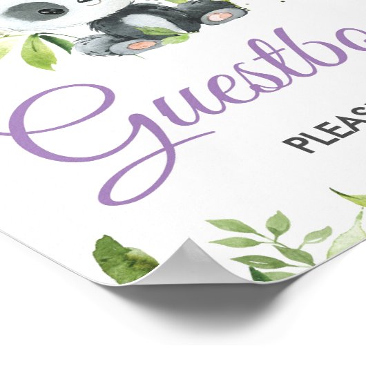 Panda Paarse Floral Greenery Bamboo Guestbook Sign Poster (Hoek)