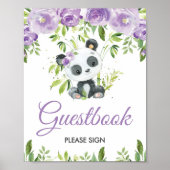Panda Paarse Floral Greenery Bamboo Guestbook Sign Poster (Voorkant)