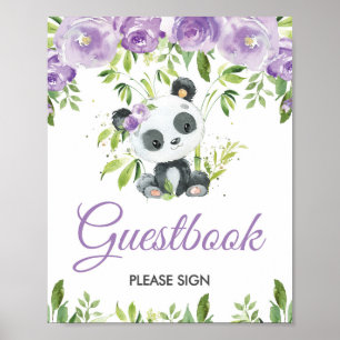 Panda Paarse Floral Greenery Bamboo Guestbook Sign Poster