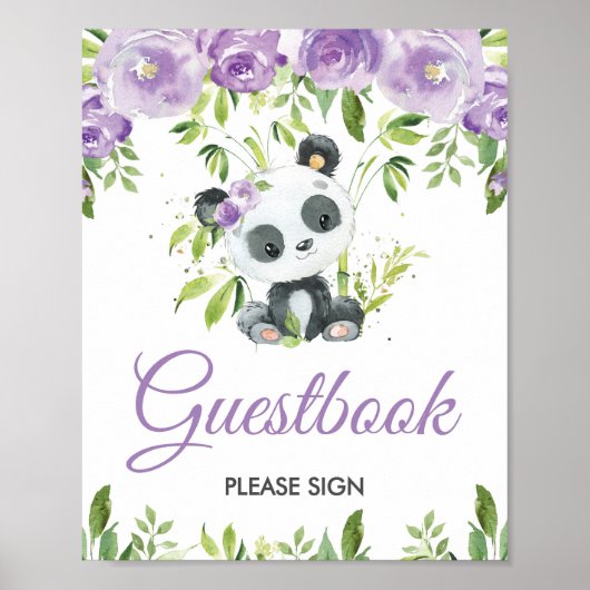 Panda Paarse Floral Greenery Bamboo Guestbook Sign Poster (Voorkant)