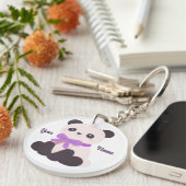Panda Paarse Strik Cute Kawaii Aangepaste Naam Sleutelhanger (Voorkant Rechts)