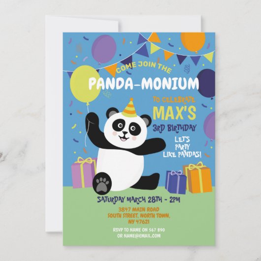 Panda Party Birthday Panda-monium Blue Kaart (Voorkant)
