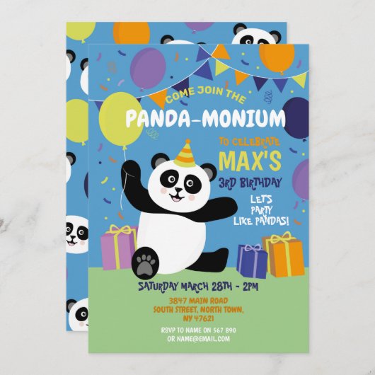 Panda Party Birthday Panda-monium Blue Kaart (Voorkant / Achterkant)