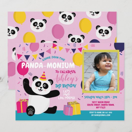 Panda Party Birthday Panda-monium Foto roze Kaart (Voorkant / Achterkant)