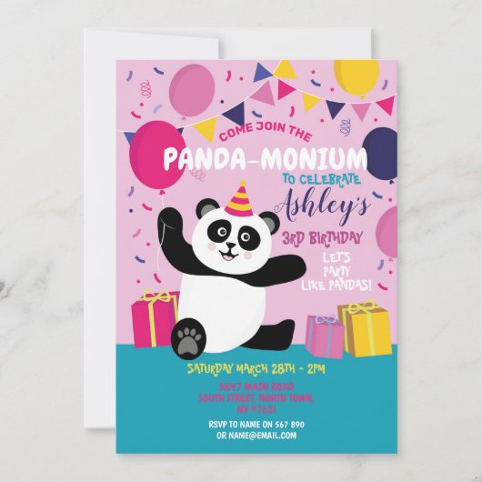 Panda Party Birthday Panda-monium Pink uitnodiging (Voorkant)