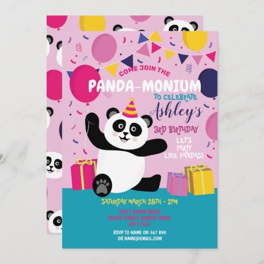 Panda Party Birthday Panda-monium Pink uitnodiging (Voorkant / Achterkant)