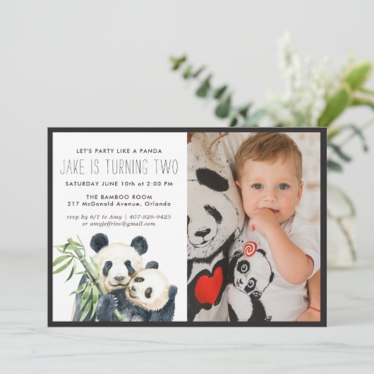 Panda Party | Monochroom en fotouitnodiging (Staand voorkant)