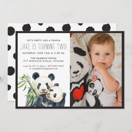Panda Party | Monochroom en fotouitnodiging (Voorkant / Achterkant)