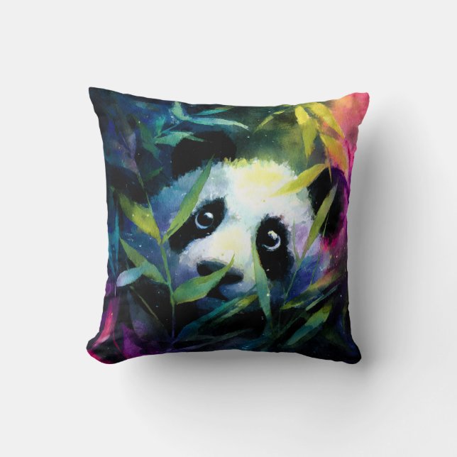 Panda Peeking Bamboe Waterverf Kussen (Voorkant)