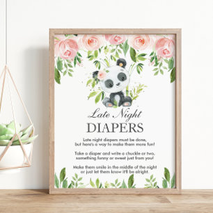 Panda Pink Floral Late Night Luier Baby shower Poster
