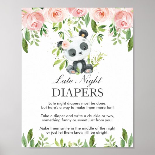 Panda Pink Floral Late Night Luier Baby shower Poster (Voorkant)