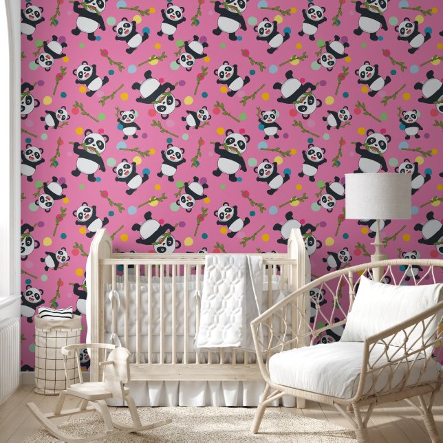 Panda polka dot kinder roze peel en stick behang (Kinderen)