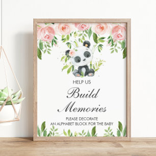 Panda Roze Bloemen Decoreren Baby Blok Douche Spel Poster