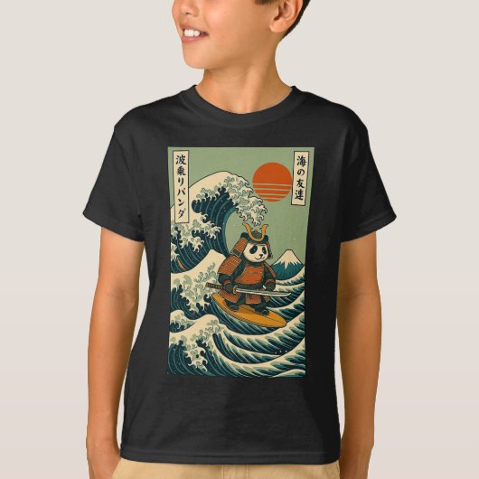 Panda Samurai surft op Japanse golf T-shirt (Voorkant)
