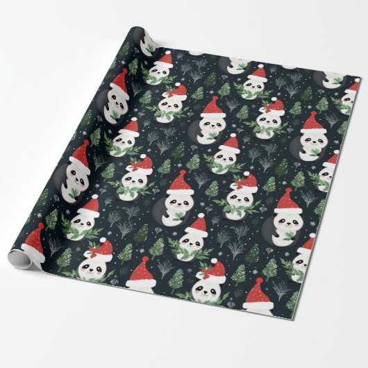  Panda Santa Winter vakantiepatroon Cadeaupapier (Uitgerold)