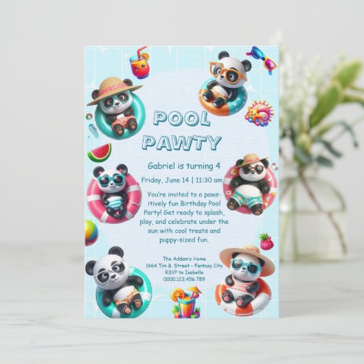 Panda Splash Verjaardag Pool Party Uitnodiging (Staand voorkant)