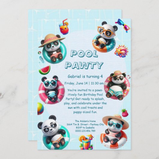 Panda Splash Verjaardag Pool Party Uitnodiging (Voorkant / Achterkant)