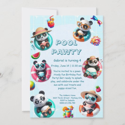 Panda Splash Verjaardags Zwembad Feest Uitnodiging (Voorkant)