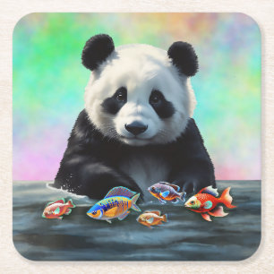 Panda staart naar kleurrijke zwemmende vissen kartonnen onderzetters